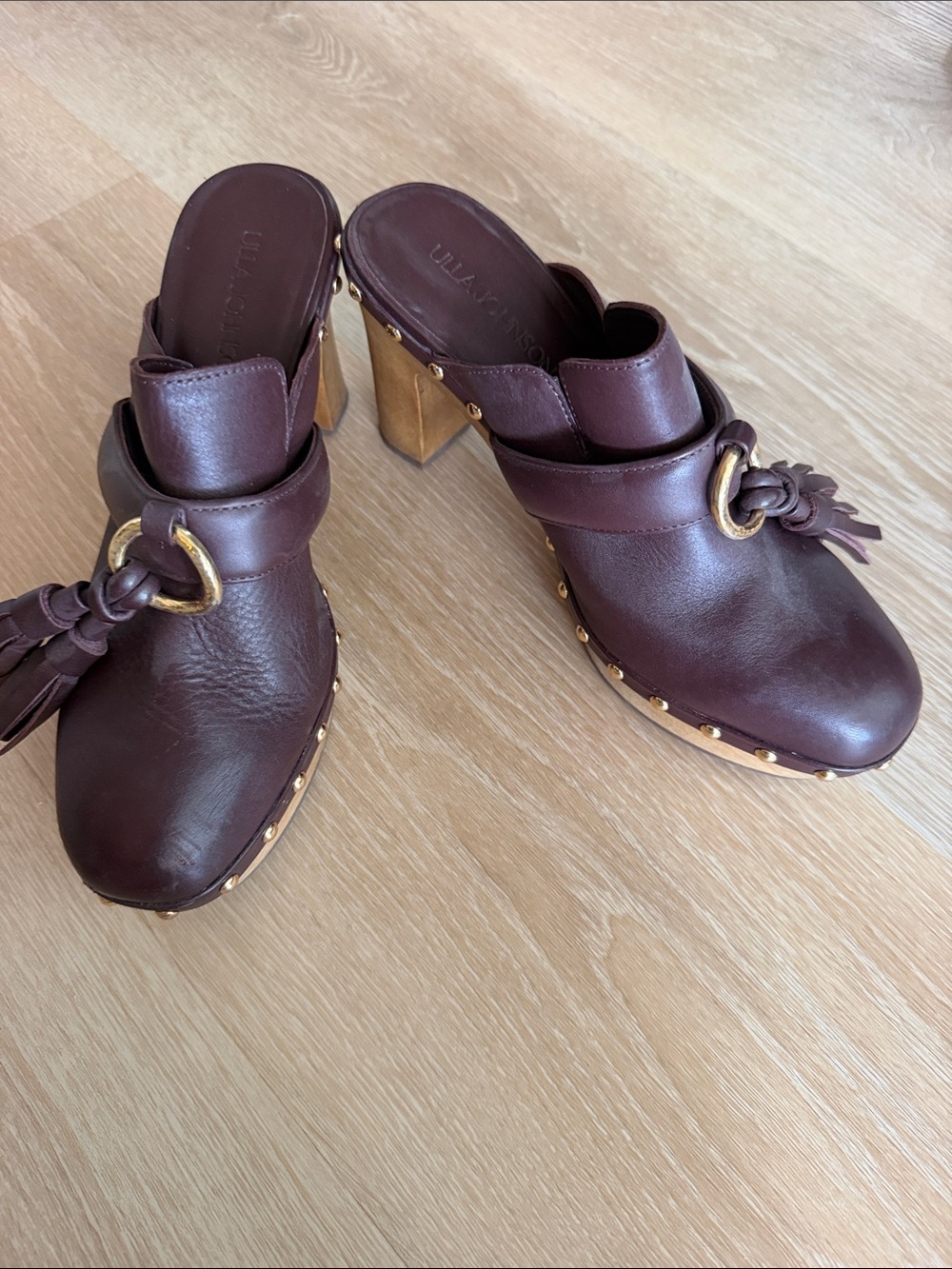 Ulla Johnson Dark Brown Leather Tassel Clog Mules with Gold Ring Detail